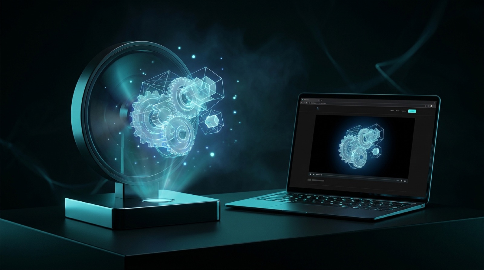 Animiertes 3D-Modell als Video: ein 3D-Hologramm-Ventilator zeigt ein frei schwebendes, leuchtendes Modell, daneben ein Laptop mit demselben Modell als Video-Loop auf einer Website.